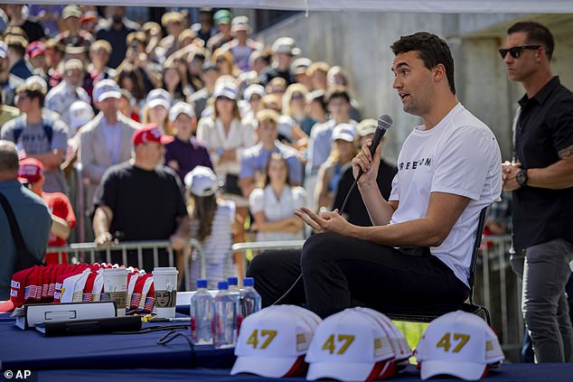 Charlie Kirk speaks before he is shot during Turning Point's visit to Utah Valley University in Orem, Utah, Wednesday, Sept. 10, 2025