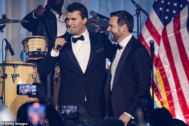 Charlie Kirk introduces JD Vance, then-Vice President-elect, on stage during the Turning Point USA Inaugural-Eve Ball at the Salamander Hotel on January 19, 2025