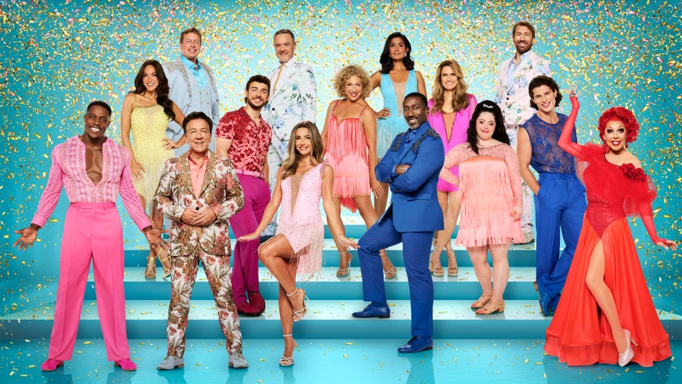 Group photo of the contestants on a dance competition show.