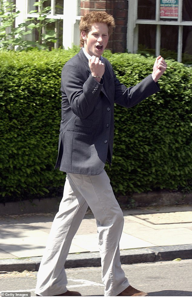 Prince Harry clenches his fist as he leaves Eton College on June 12 2003. He left the school with a B in Art and D in Geography