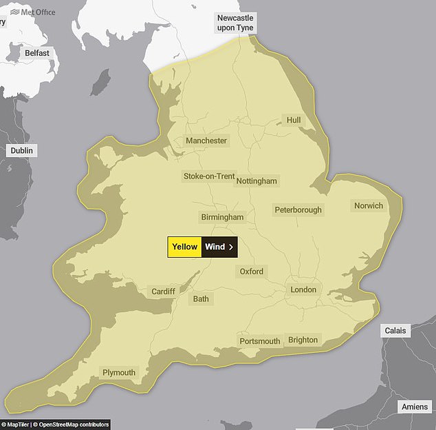 A Met Office yellow wind warning covering most of England and Wales will run until 6pm today