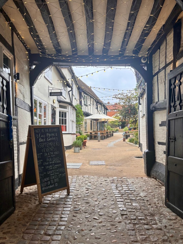 View of a courtyard in Hitchin, Hertfordshire, that resembles a French town.