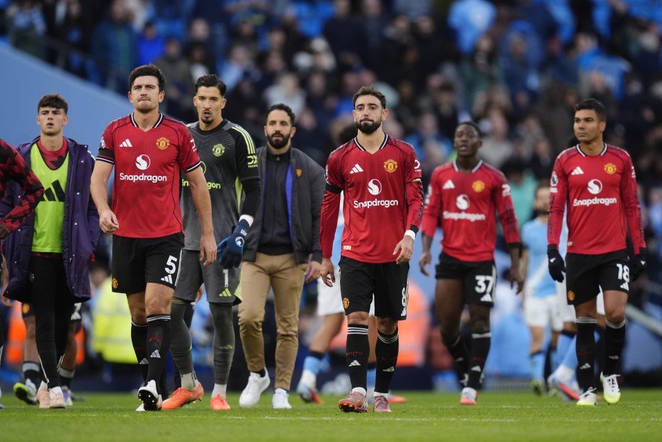Manchester United players walking off the pitch after a game.