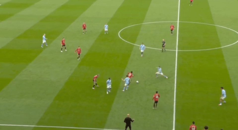 Screenshot of a soccer game in progress.