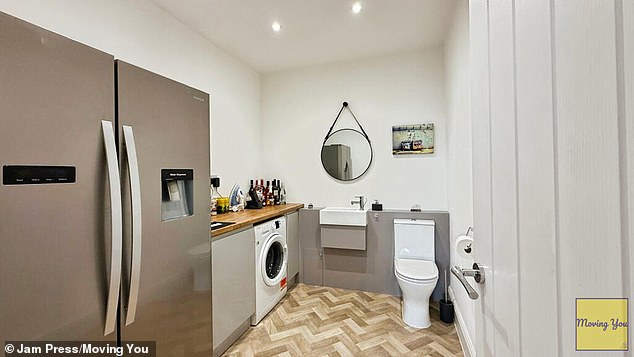 Snaps of the property show a bizarre kitchen-cum-bathroom setup, with a toilet plonked just inches away from a fridge freezer, washing machine and even a fully-functioning coffee machine