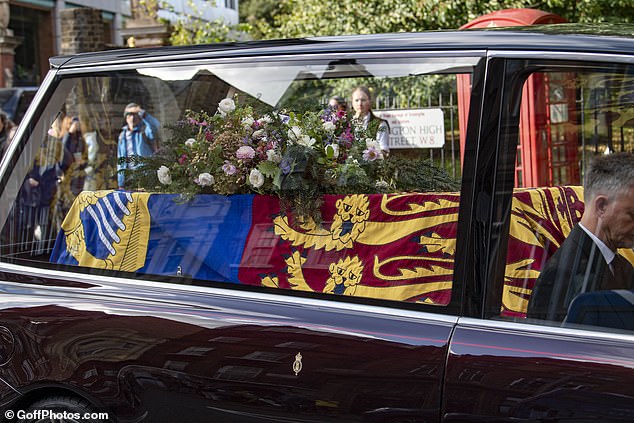Her coffin was draped in the Royal Standard and transported in the Royal Hearse, which was designed by Queen Elizabeth II