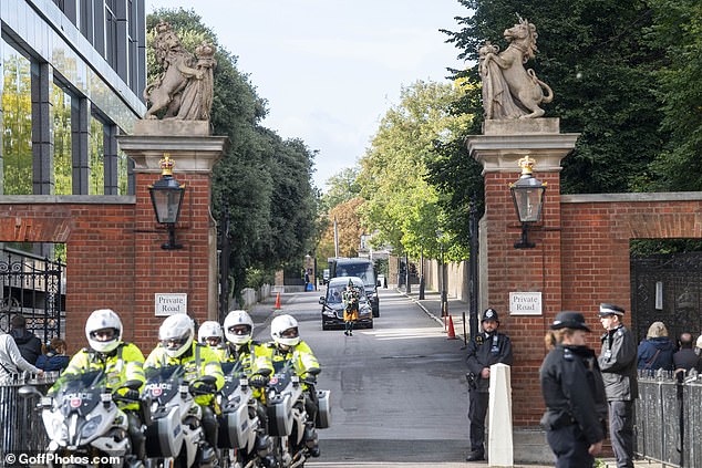 The coffin left Kensington Palace at 4.45pm to make the 15-minute journey to Westminster Cathedral, flanked by a police escort