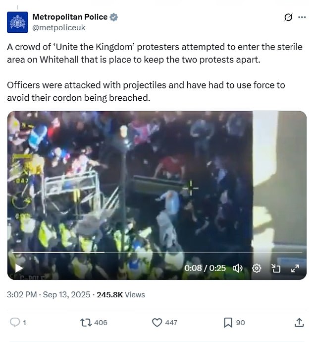 The Met Police said they were obliged to use force after Unite The Kingdom protesters attempted to breach the cordon separating them from counter-protesters