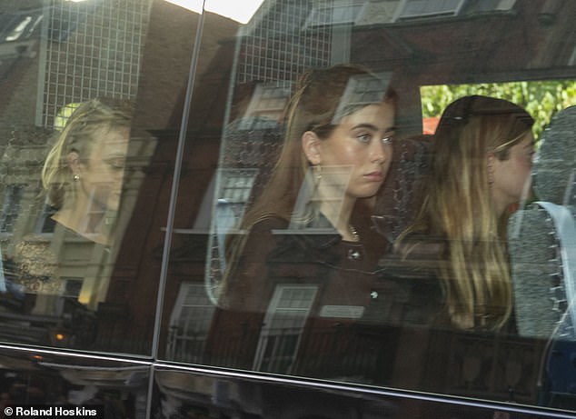 The Duchess of Kent's grandchildren (pictured Lady Estella Taylor centre) were seen travelling in the back of a mini van for the vigil today