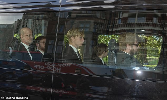 Lord Nicholas Windsor (far right) is pictured travelling in a mini van with the Duchess of Kent's grandchildren