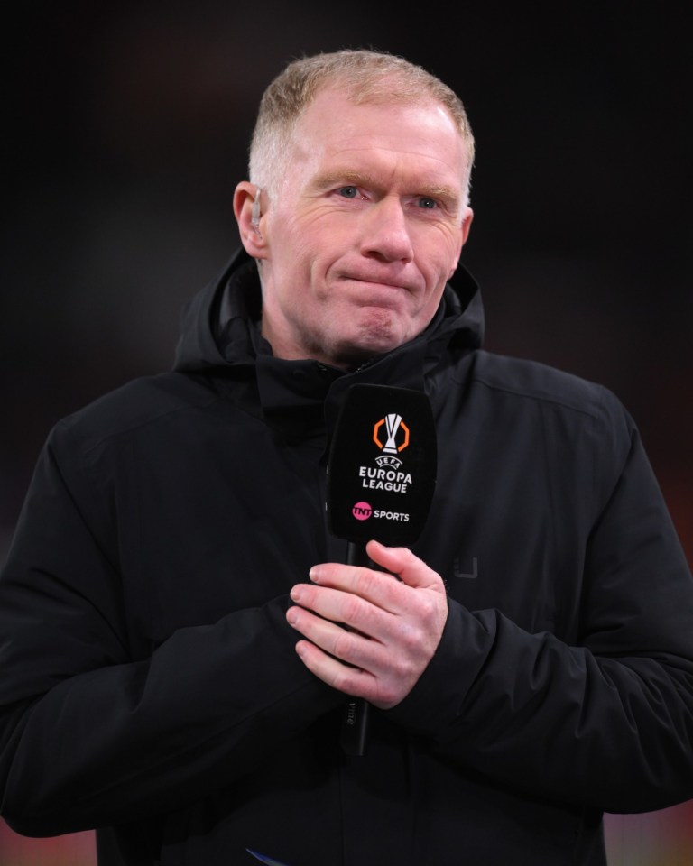 MANCHESTER, ENGLAND - MARCH 13: Paul Scholes comments for TNT Sports during the UEFA Europa League 2024/25 Round of 16 Second Leg match between Manchester United and Real Sociedad de Futbol at Old Trafford on March 13, 2025 in Manchester, England. (Photo by MB Media/Getty Images)