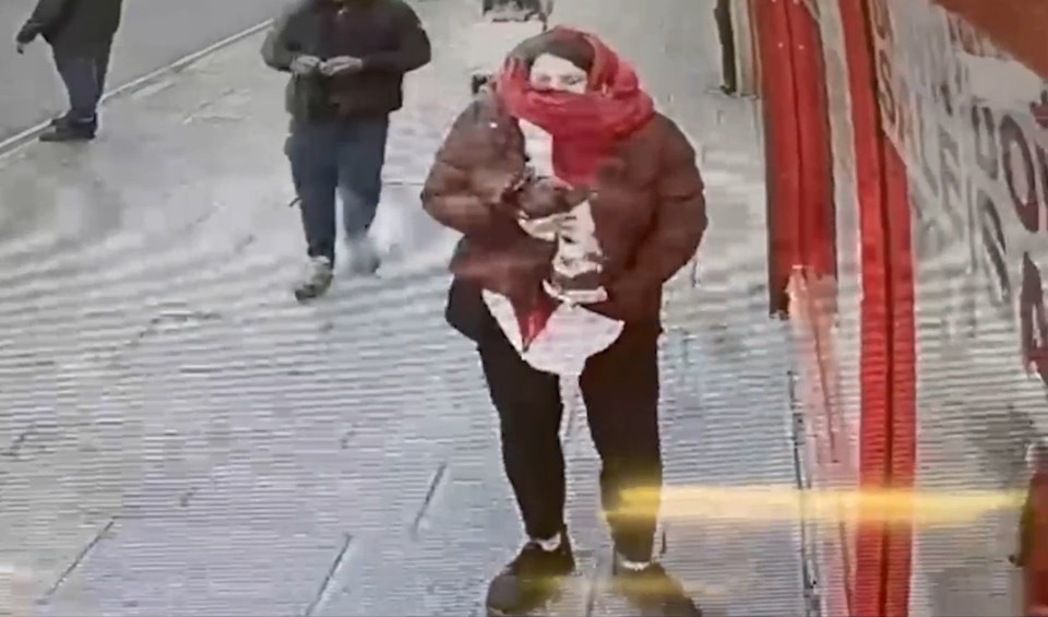 CCTV footage of Constance Marten holding baby Victoria under her coat.