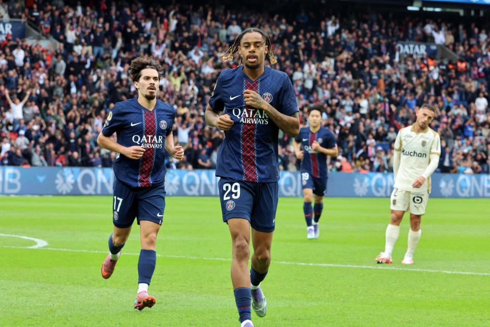 Bradley Barcola #29 of Paris Saint-Germain celebrates his first goal.