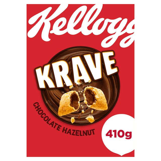 Kellogg's Krave Chocolate Hazelnut cereal box, 410g.