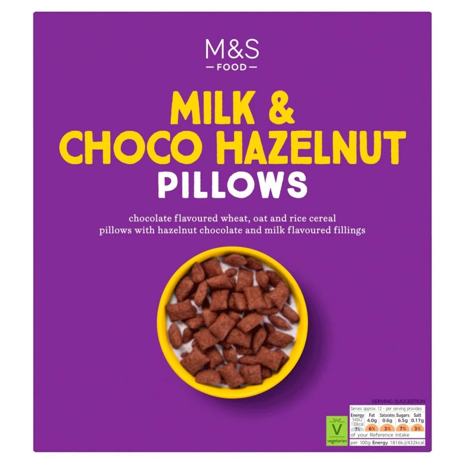 M&S Milk & Choco Hazelnut Pillows cereal box.