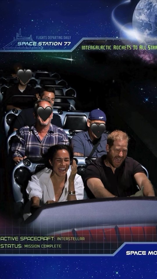 Meghan Markle and Prince Harry on a space-themed ride at Disneyland.