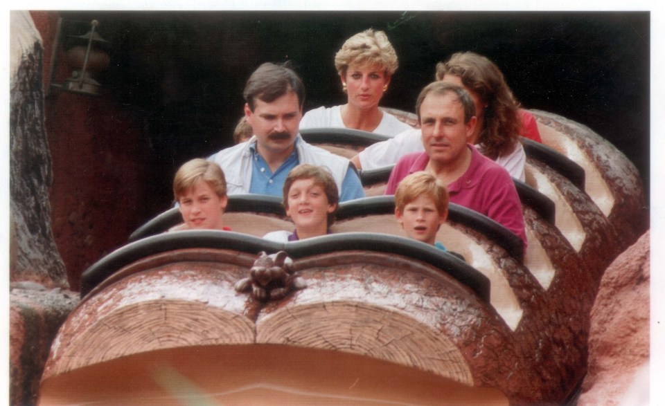 Princess Diana and her sons Princes William and Harry riding Splash Mountain at Disney World.