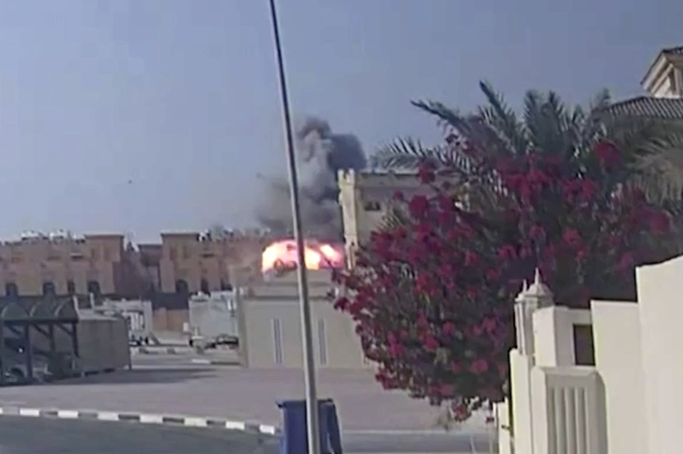 Security footage capturing an Israeli strike targeting Hamas leaders in Doha, Qatar, showing smoke and fire.