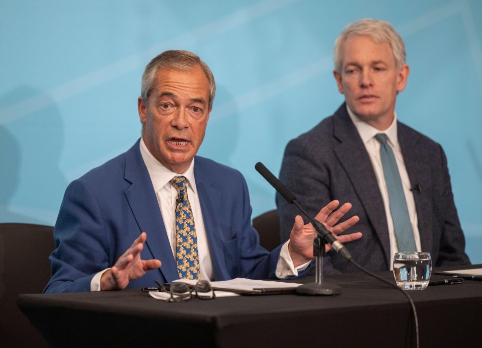 Reform Leader Nigel Farage speaking with MP Danny Kruger at a press conference.