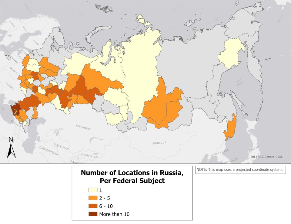 Map of Russia showing the number of locations per federal subject, with a legend indicating counts of 1, 2-5, 6-10, and more than 10.
