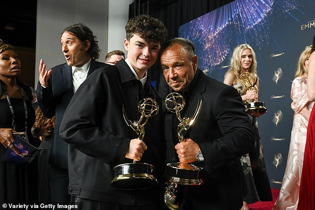 Owen and co-star Stephen Graham pose with their Emmys at the 77th Primetime Emmy Awards at the Peacock Theatre in LA, California, on September 14 2025