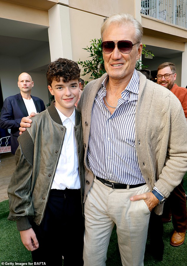 Owen meets veteran actor Dolph Lundgren at The BAFTA TV Tea Party at The Maybourne Beverly Hills on September 13, 2025 in Beverly Hills, California