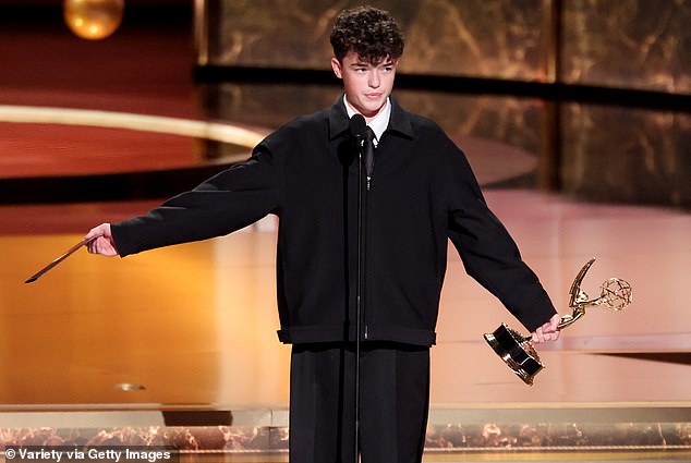 Owen Cooper on stage at the 77th Primetime Emmy Awards during his acceptance speech -- September 14, 2025