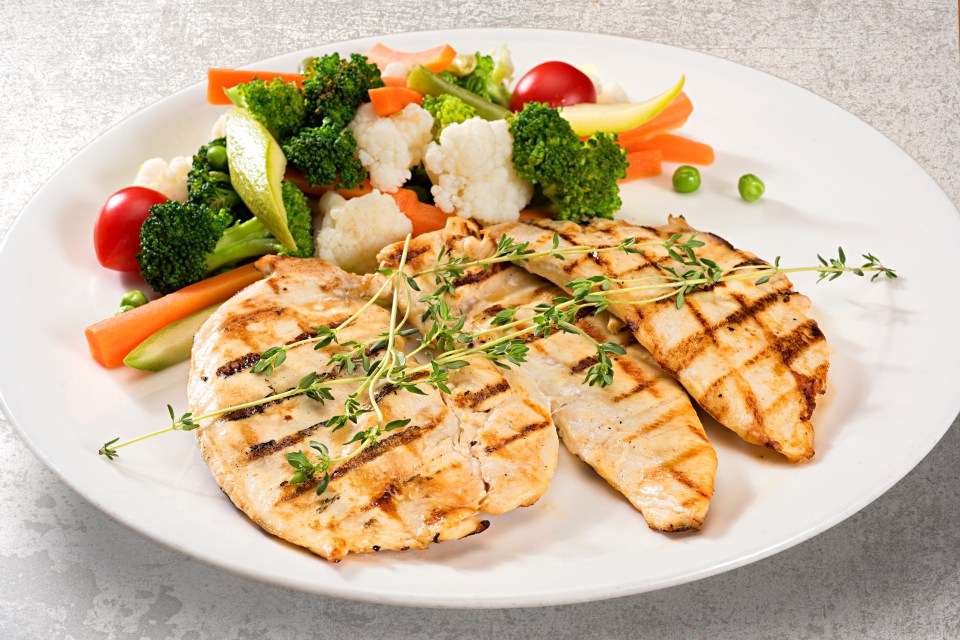 Grilled chicken breast with steamed vegetables.