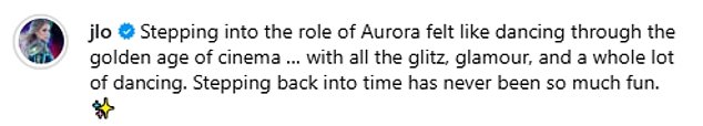 Captioning the pictures, she wrote: 'Stepping into the role of Aurora felt like dancing through the golden age of cinema … with all the glitz, glamour, and a whole lot of dancing. Stepping back into time has never been so much fun. ✨