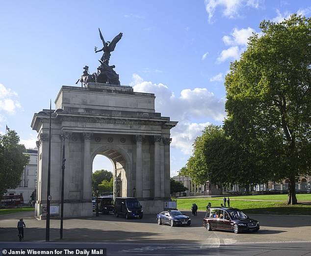 The hearse carrying the Duchess of Kent passes through Wellington Arch ahead of her funeral tomorrow