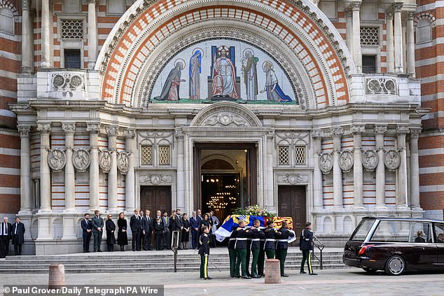 Members of the royal family  stand together as the coffin of the Duchess of Kent arrives at Westminster Cathedral in central London, ahead of her funeral. Picture date: Monday September 15, 2025. PA Photo. Photo credit should read: Paul Grover/Daily Telegraph/PA Wire