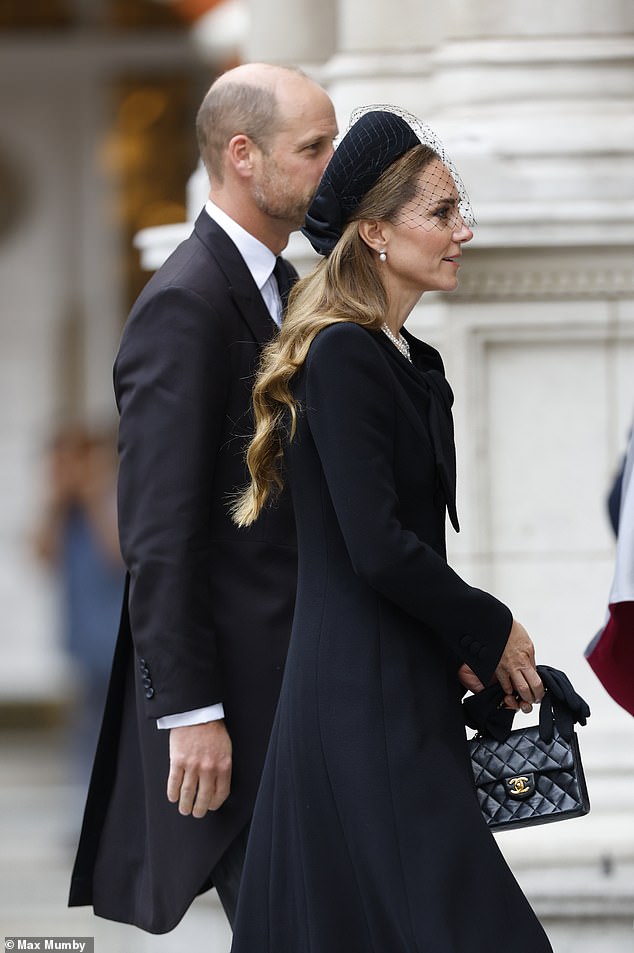 The Princess of Wales put on a sombre display in black as she attended the Duchess of Kent's funeral today
