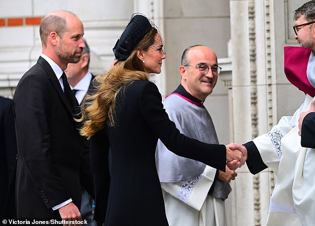 The Prince and Princess of Wales pictured arriving for the Requiem Mass service for the Duchess of Kent