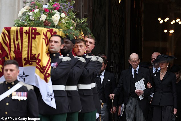 Prince Edward, Duke of Kent leaving following a Requiem Mass, a Catholic funeral service, for his wife