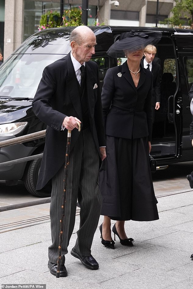 The Duke of Kent pictured with his daughter as they arrive for the requiem mass service for the Duchess of Kent today