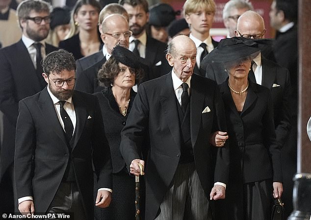 The Duke of Kent arrived with family members for the requiem mass this afternoon, holding onto his daughter