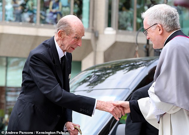 The Duke of Kent pictured as he arrives for the requiem mass service for the Duchess of Kent today