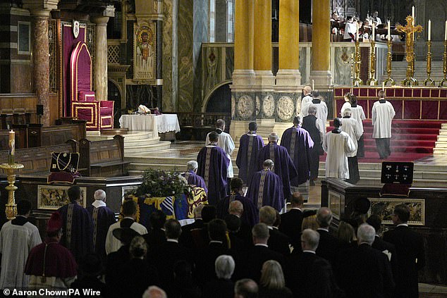 A general view of the funeral service for the Duchess of Kent at Westminster Cathedral this afternoon