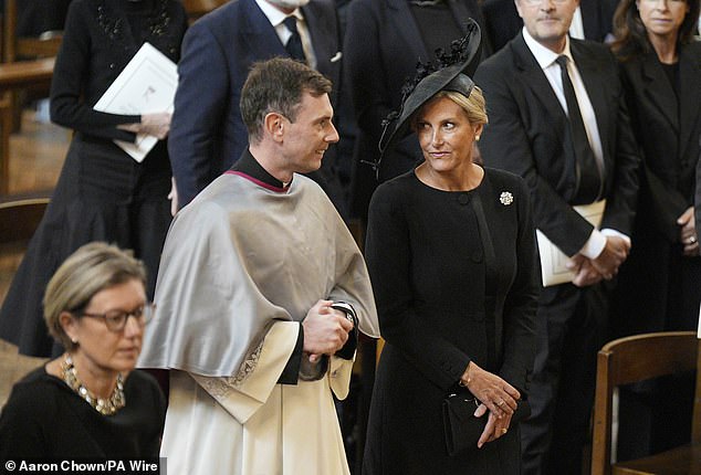 The Duchess of Edinburgh pictured today at the requiem mass service for the Duchess of Kent today