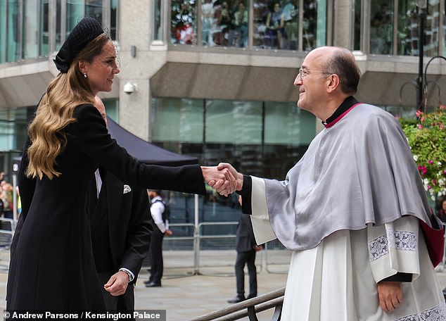 The Princess of Wales pictured today, at the requiem mass service for the Duchess of Kent today