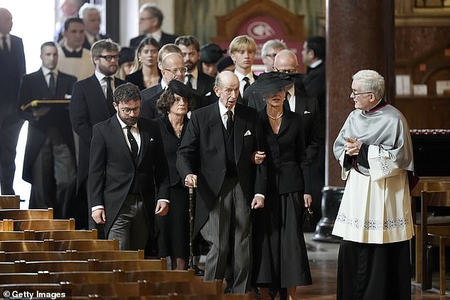 The Duke of Kent pictured arriving with royal family members for the requiem mass this afternoon