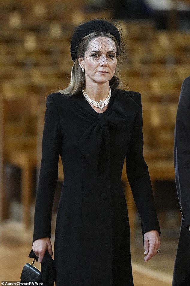 The Princess of Wales paid a poignant tribute to the late Queen as she attended the Duchess of Kent's funeral today, alongside her husband William