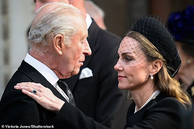 Kate supports her father-in-law King Charles in a tender moment, as Queen Camilla was forced to miss the funeral due to an illness