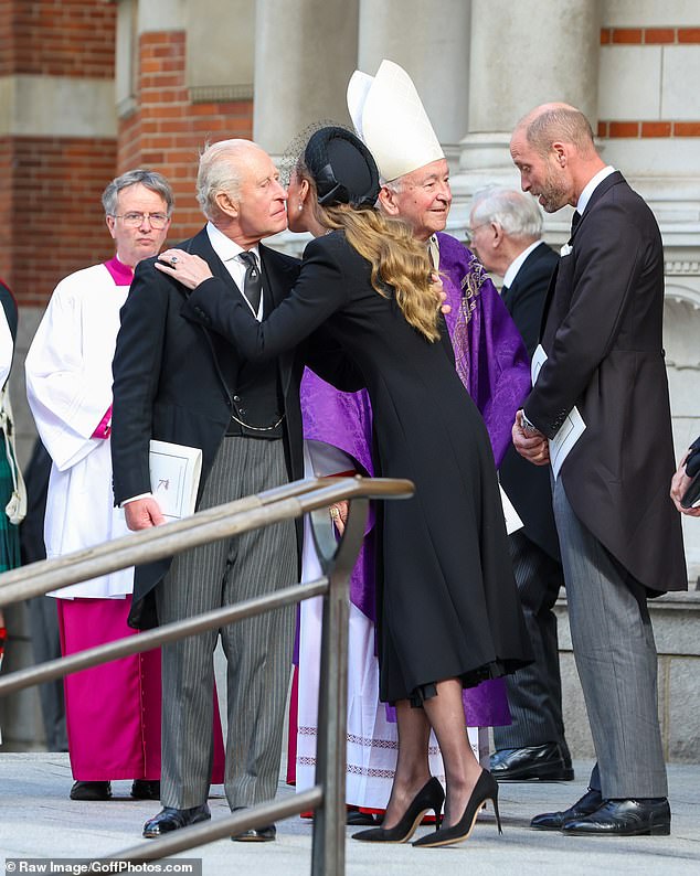 The Royal Family seen departing the church after the requiem mass, or a Catholic funeral - marking the first time in modern British history that it has been held for a member of the monarchy