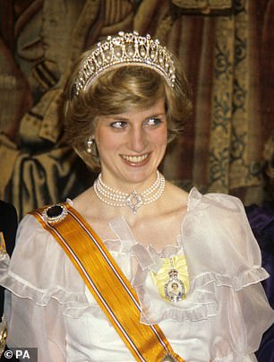 The necklace was also loaned to Diana, Princess of Wales (pictured here at a banquet for the British royal family given by Queen Beatrix and Prince Claus of the Netherlands in 1982)
