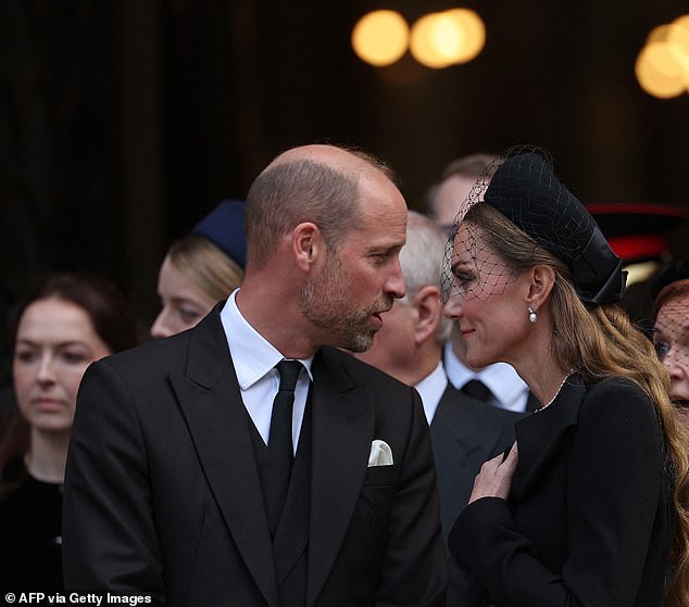 Kate leaned in for a word with Prince William, as the pair joined several senior royals at the historic funeral in London