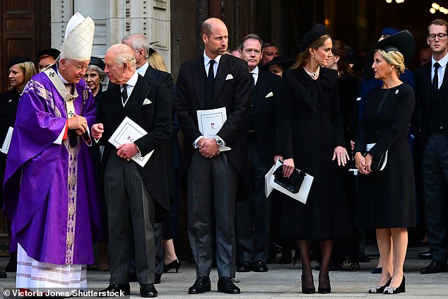 From left to right: The Cardinal Archbishop of Westminster, Cardinal Vincent Nichols, King Charles III, Prince William, Catherine, Princess of Wales and Sophie, Duchess of Edinburgh outside Westminster Abbey after the Requiem Mass for The Duchess of Kent