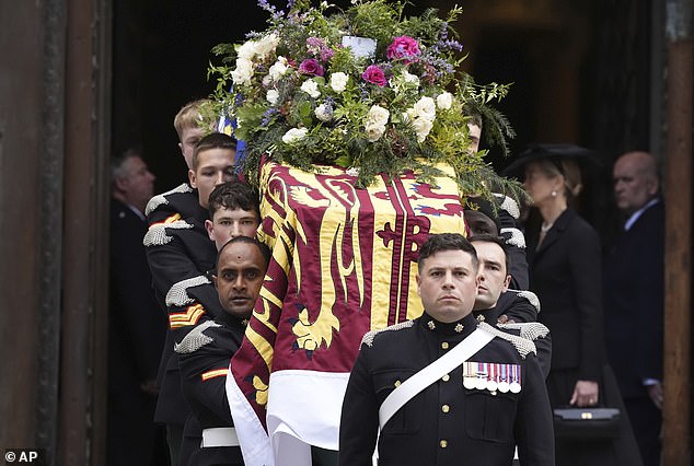 The coffin of the Duchess of Kent being carried out after the Requiem Mass, a mass of the Catholic church