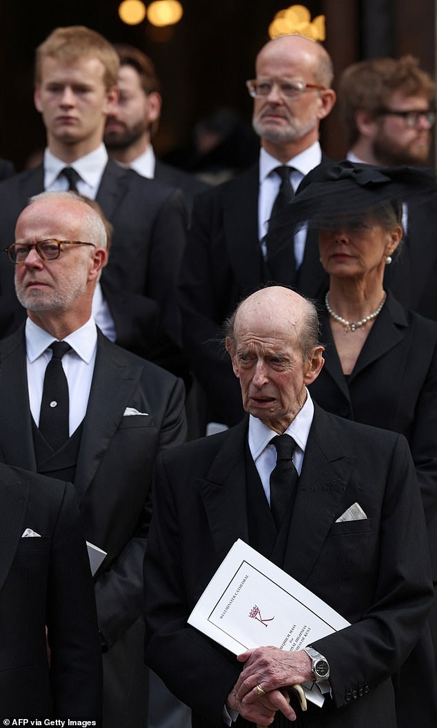 The Duke of Kent, 89, was visibly emotional after he laid his wife of 64 years to rest at the Duchess of Kent's funeral service at Westminster Cathedral in London today