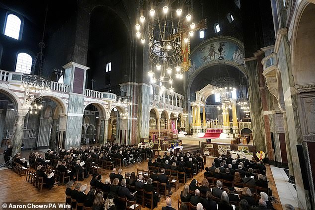 Pictured today: A general view of the Requiem Mass service for the Duchess of Kent this afternoon